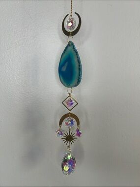 Sliced Blue Agate & Crystal Sunburst Celestial Hanging Suncatcher Accent Decor